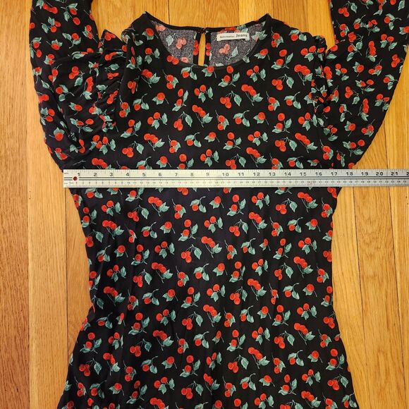 Reformation Bedford Long Sleeve Dress Cherry Print, Fruit, Retro, Vintage Sz L - Picture 10 of 12